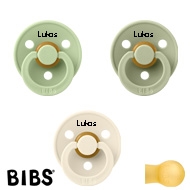 BIBS Colour Sutter med navn str2, 1 Ivory, 1 Pistachio, 1 Sage, Runde latex